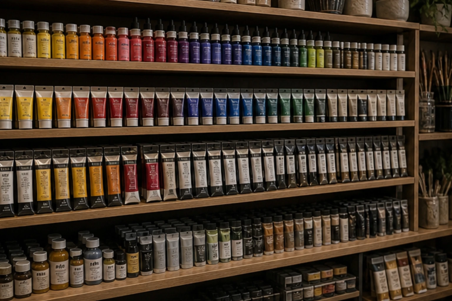 paint wall with acrylics gouache oils and neatly organized color families