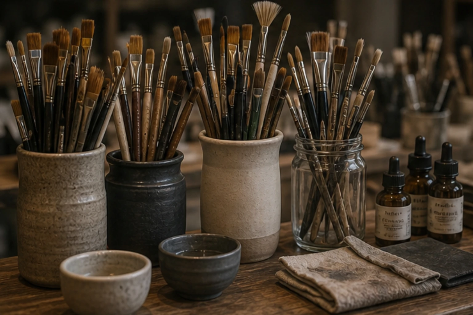 brush jar scene with varied paintbrushes rinsing cups and studio textures