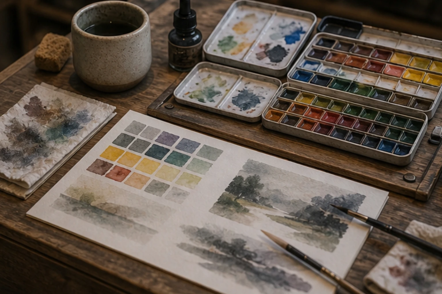 watercolor set with pans swatches paper towel and painter desk details