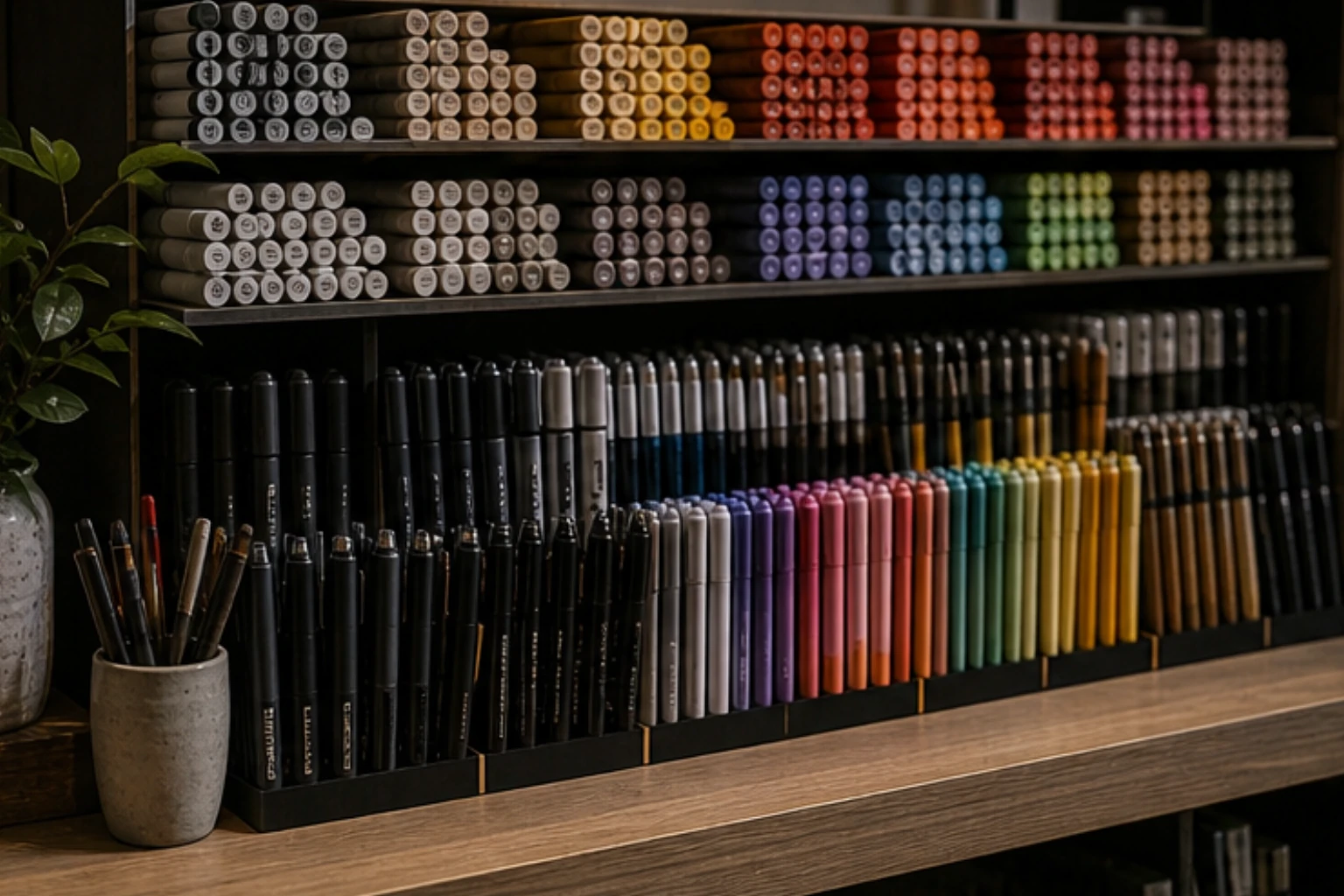 marker rack with alcohol markers brush pens and clean color-block arrangement