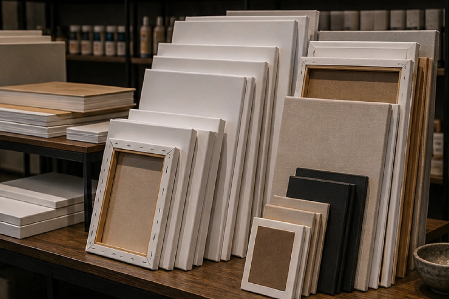 canvas stack with stretched canvases boards and painting surfaces