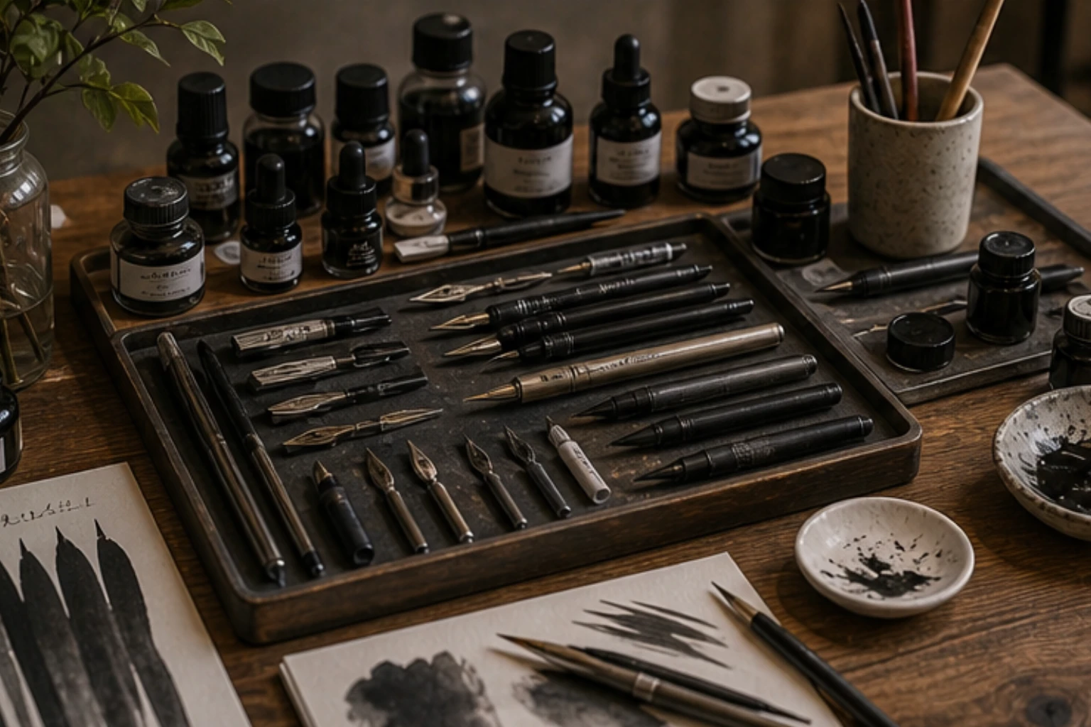 ink desk with liners bottles nibs and monochrome creative tools