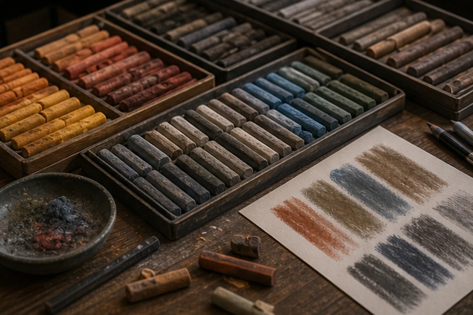 pastel tray with soft pastel sticks paper dust and tonal color families