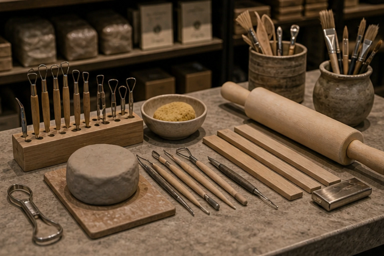 clay tool bench with carving loops rollers and small pottery accessories