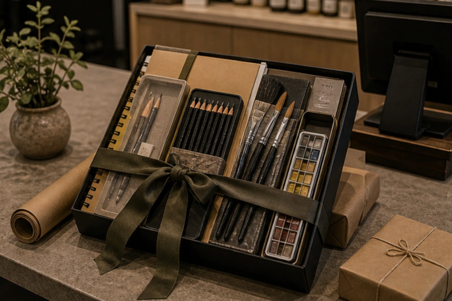 checkout creative kit with bundled art supplies wrap paper and a calm handoff counter