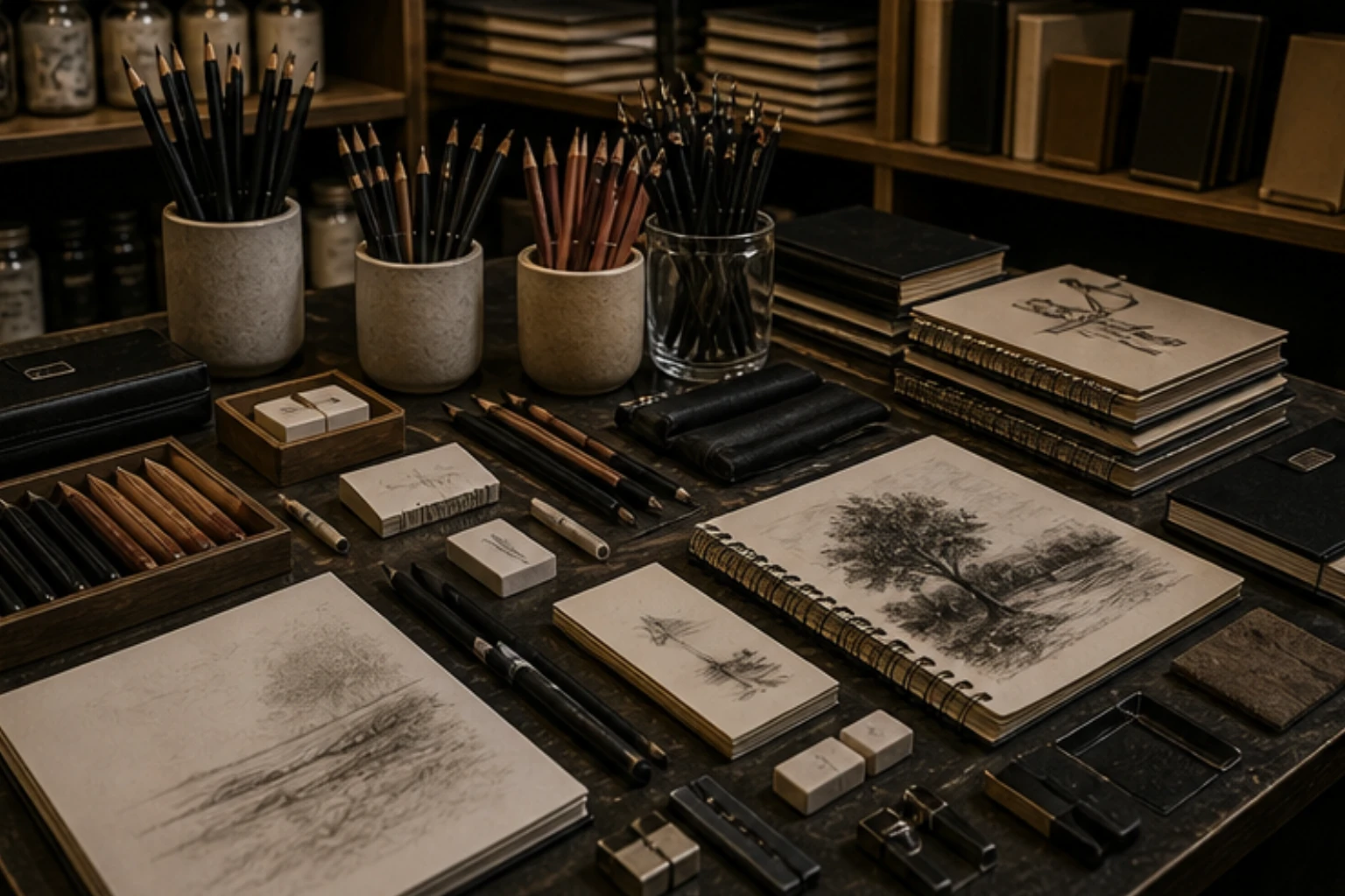 drawing edit with pencils charcoal erasers sketchbooks and paper accessories